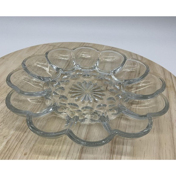 Vintage Glass Deviled Egg Tray 12 Egg Holder Clear Pressed Glass Platter 12 Inch - Picture 1 of 5